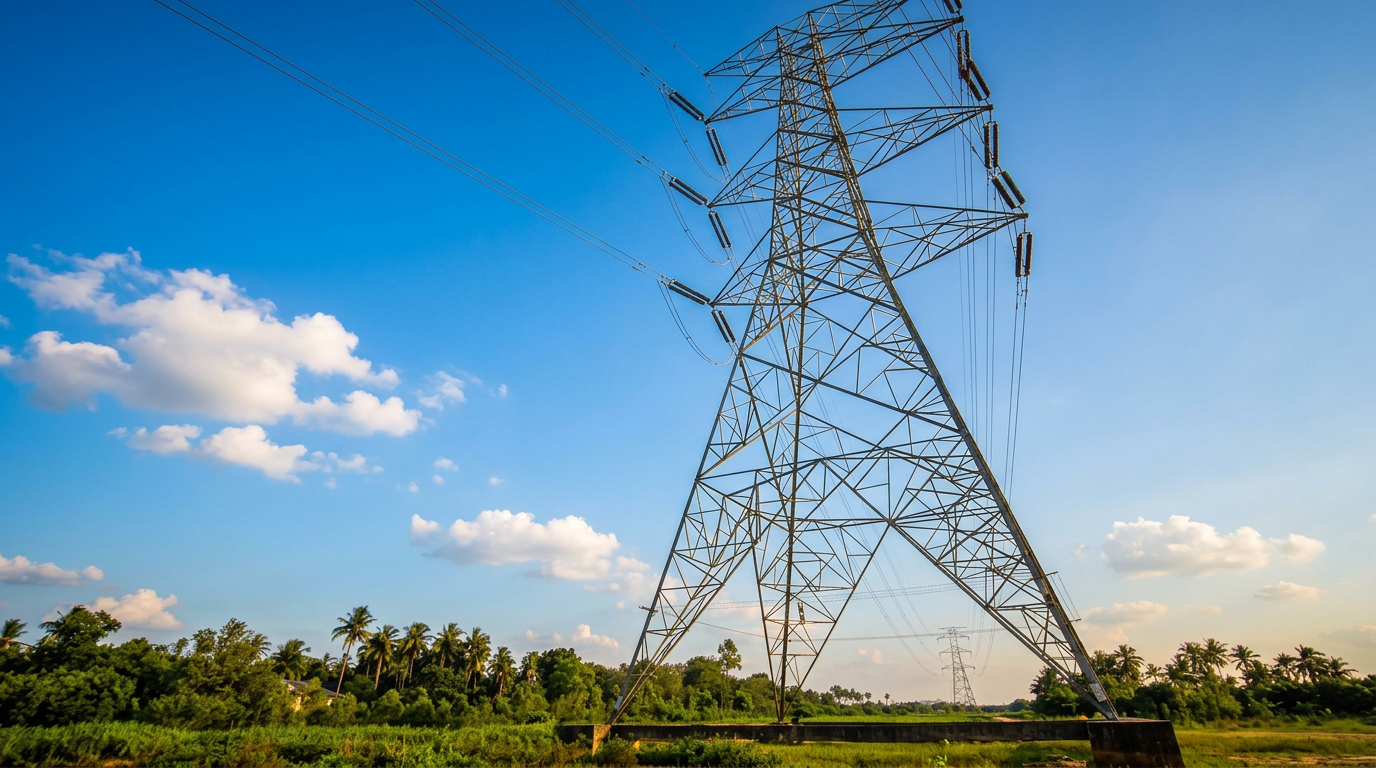 Transmission tower under a bright blue sky